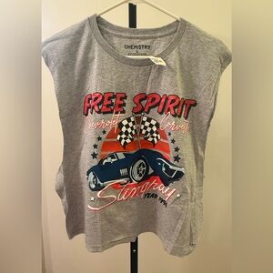 Chemistry Women’s Gray Muscle Tee Top with Red & Navy Corvette Graphic 1996